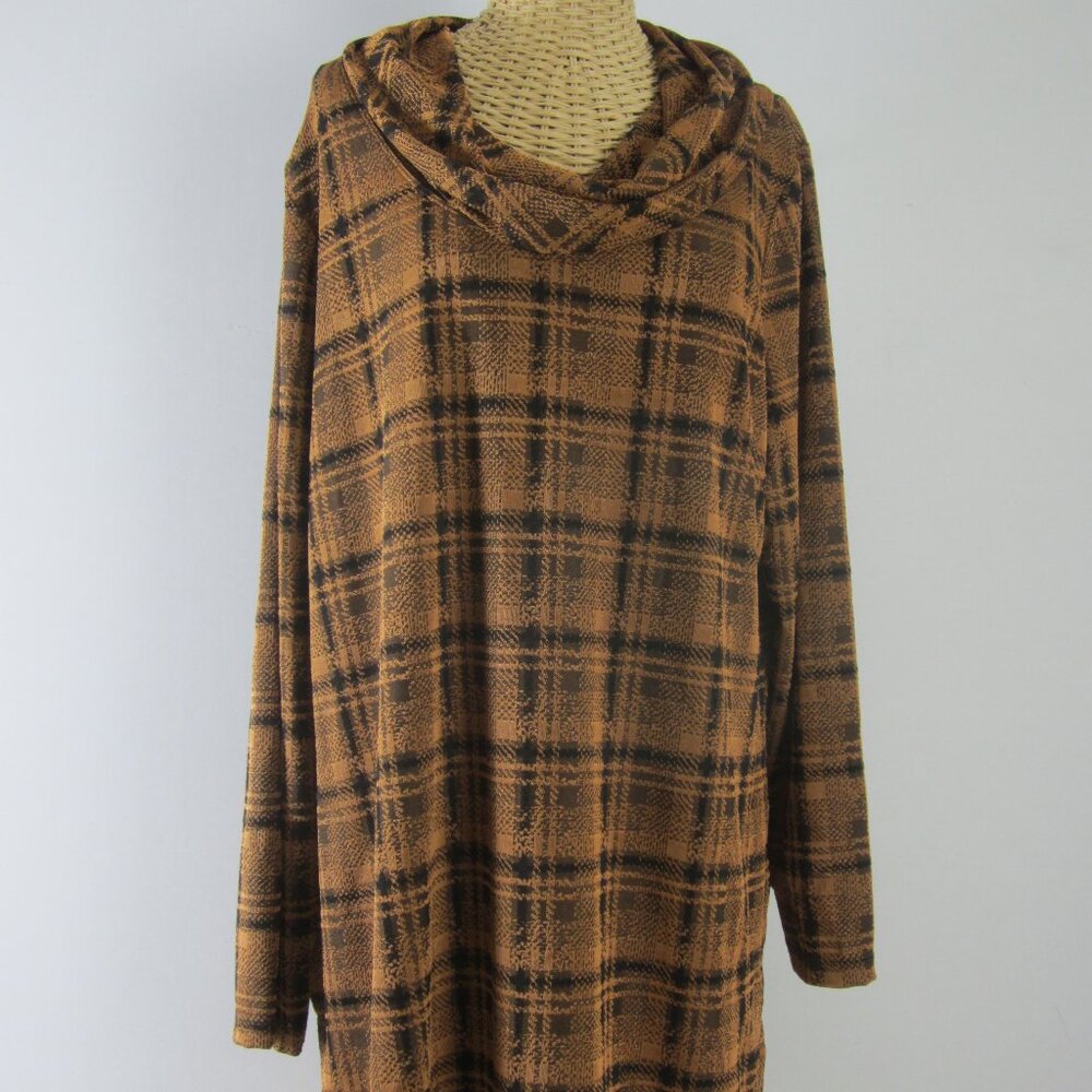 New Attitudes by Renee Womens 1X Copper Brown Plaid LS Knit Cowl Tunic Shirt